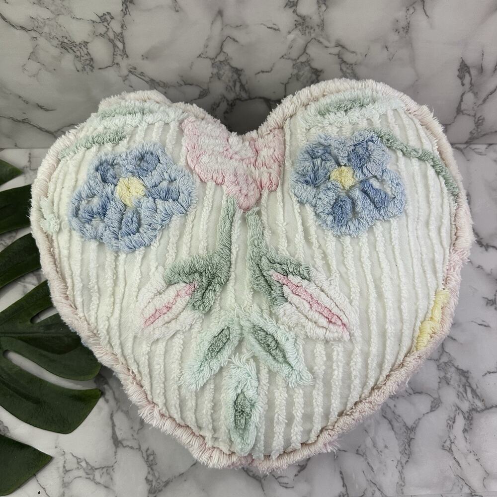 Blue Moon Vintage 90s Chenille Heart Shaped Throw Pillow White Pink Floral